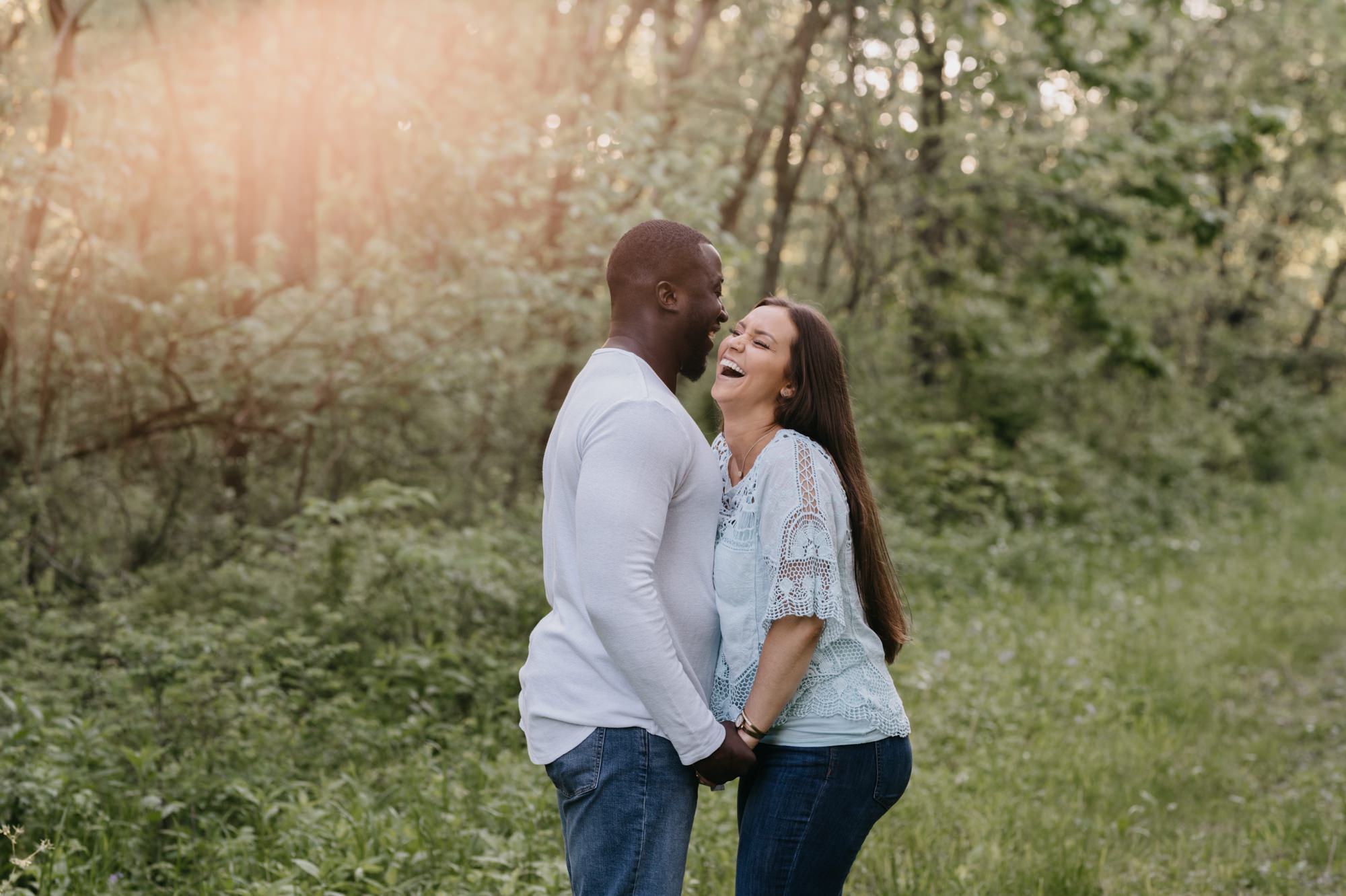  couple laughing together at burr oak woods 