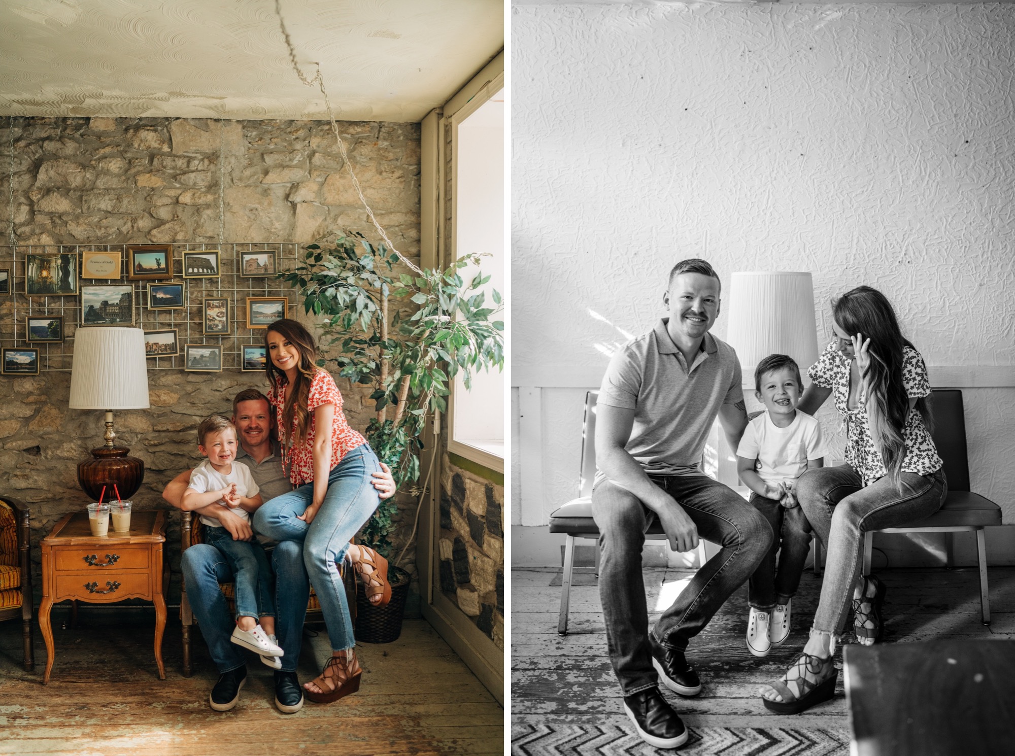 family sits upstairs together in parkville coffee engagement session