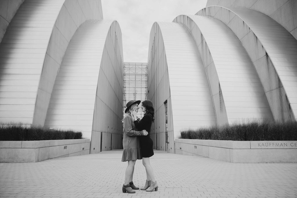 couple stares into each others eyes during kauffman center engagement