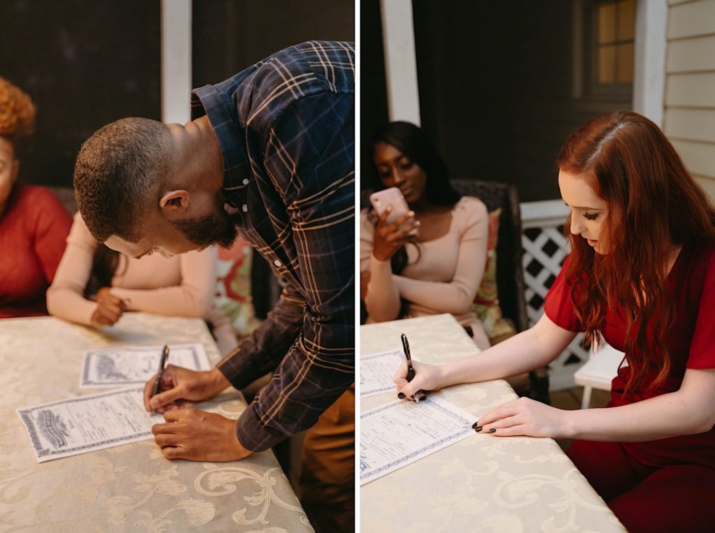 witnesses sign marriage certificate at intimate backyard wedding