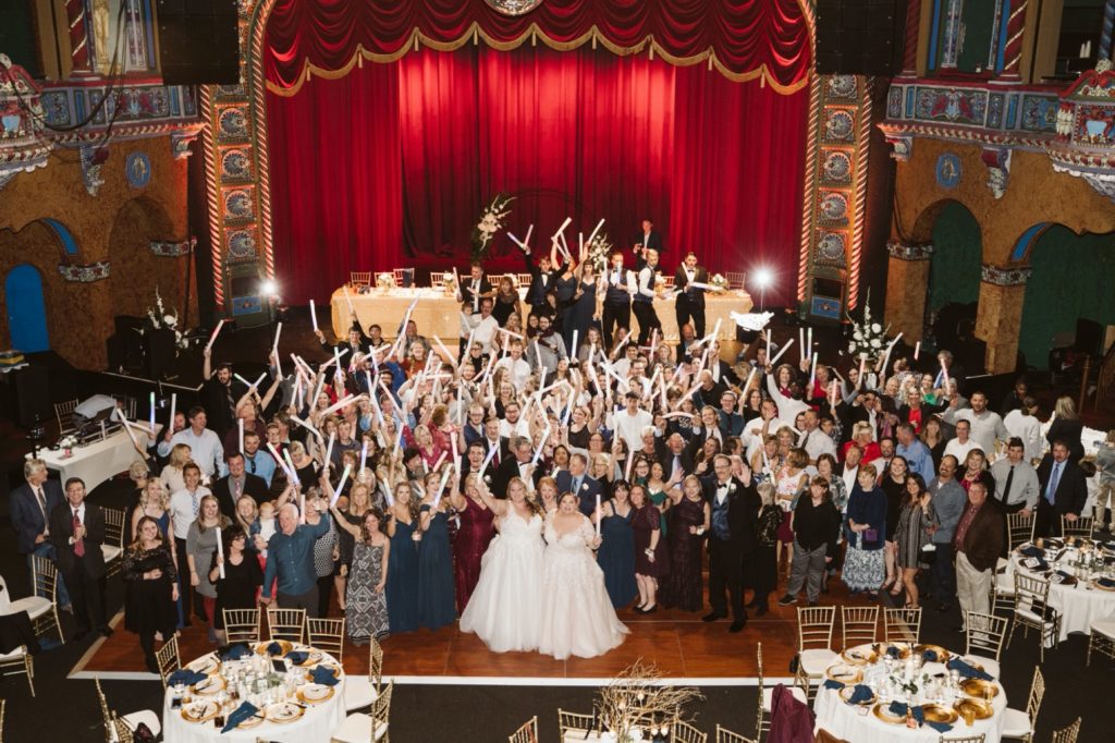all guests at uptown theater wedding from balcony
