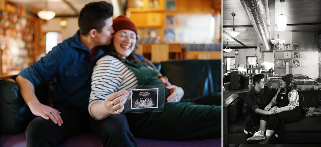 Couple holds up ultrasound photo at Prospero's books