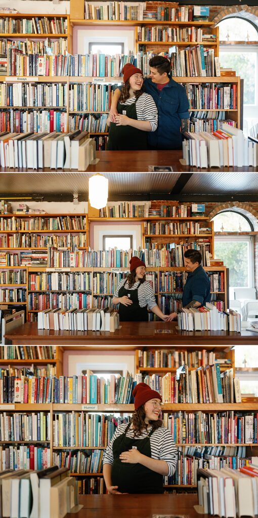 lgbtq+ couple walks through prospero's bookstore shelves for maternity session