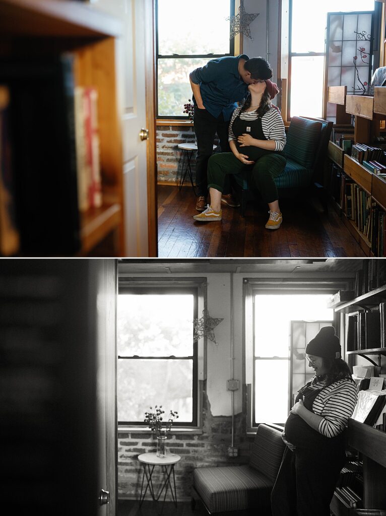 Pregnant woman leans against stack of records at prospero's books